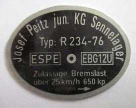 Peitz Typenschild der Radbremse R234-76